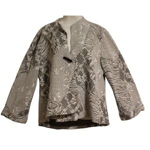 Yushi Textured Patchwork Print Kimono Blouse Women's Gray White Open Front SZ XL